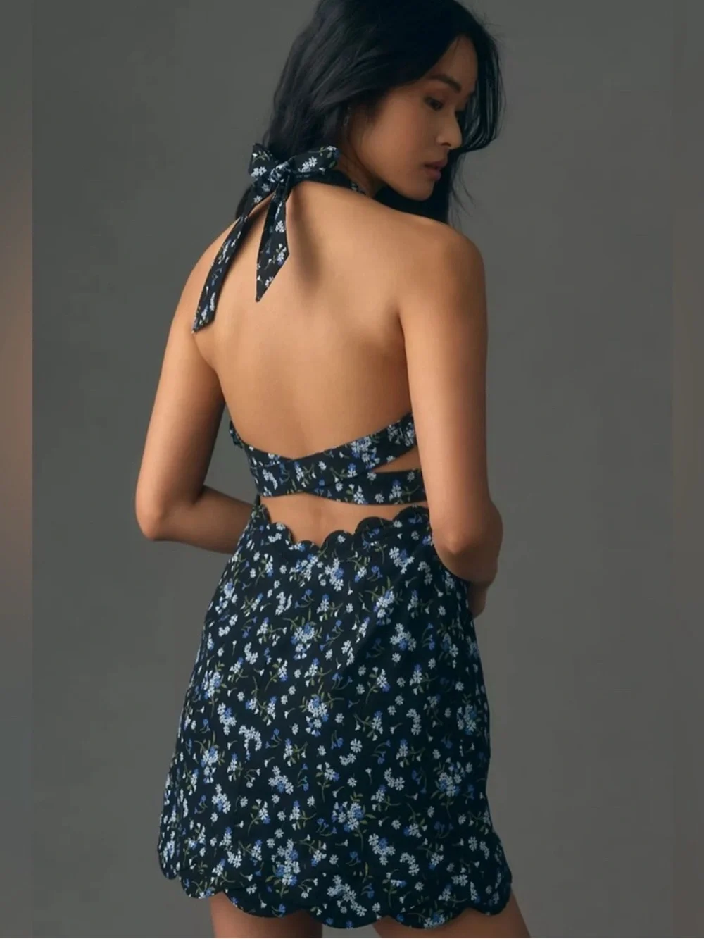 Free People Black Halter Floral Mini Dress with Blue Accents - Picture 2 of 6